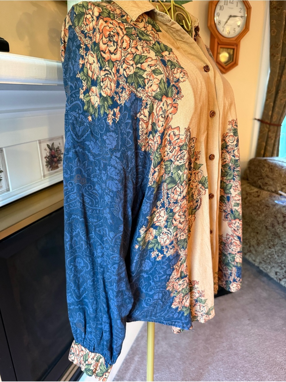 Floral Button-Front Blouse in Navy and Tan large super soft rayon